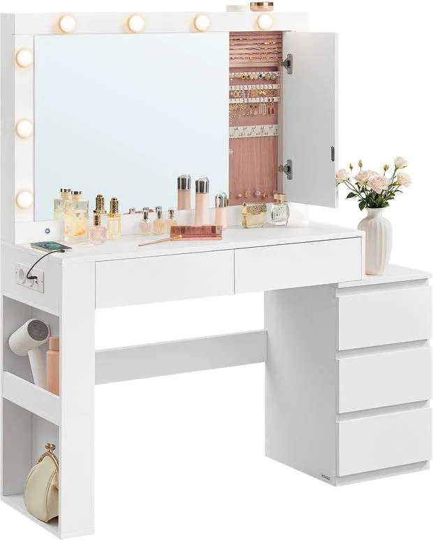 Coiffeuse table de maquillage moderne avec éclairage LED miroir et tiroir 40 x 125 x 140 cm en aggloméré blanc 12_0012730