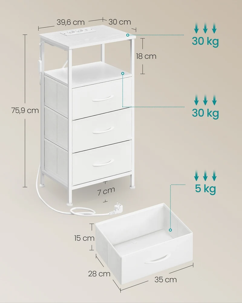Table de chevet moderne avec éclairage LED réglable 30 x 39,6 x 75,9 cm 1 étagère ouverte 2 tiroirs en panneau d'aggloméré blanc nuage 12_0012275