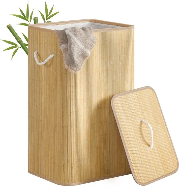 Panier à linge rectangulaire pliable avec couvercle 40 x 32 x 70 cm pratique design moderne en bambou naturel 12_0012420