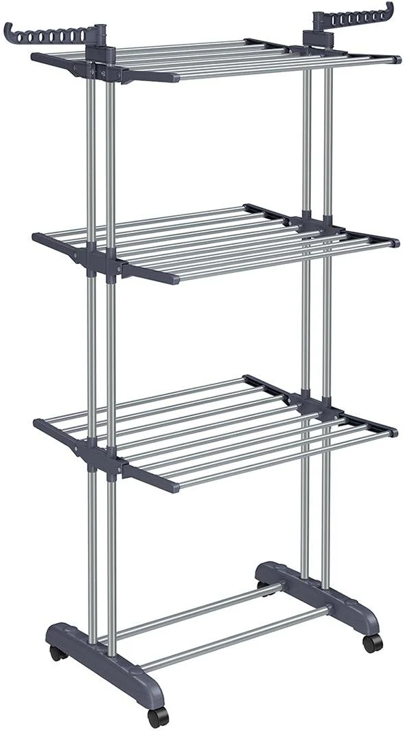 Séchoir à linge mobile pliable intérieur extérieur 64 x 126 x 172 cm grande capacité 4 niveaux en acier gris 12_0010906