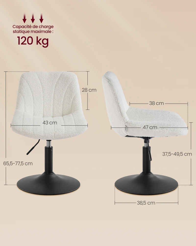 Chaise de coiffeuse avec dossier rotatif 46,5 x 43 x 77,5 cm assise réglable ergonomique style moderne en tissu blanc crème 12_0012253