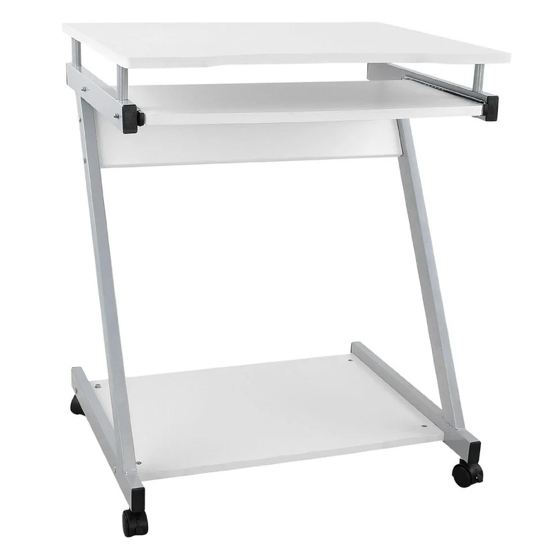 Bureau table meuble travail informatique avec tablette clavier et roulettes blanc 0512002