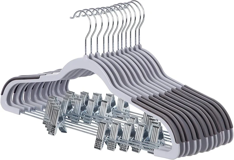 Lot de 12 cintres pantalon en plastique avec pinces à linge pivotant à 360° antidérapant mince peu encombrant pour pantalon vêtement serviette gris 12_0000019