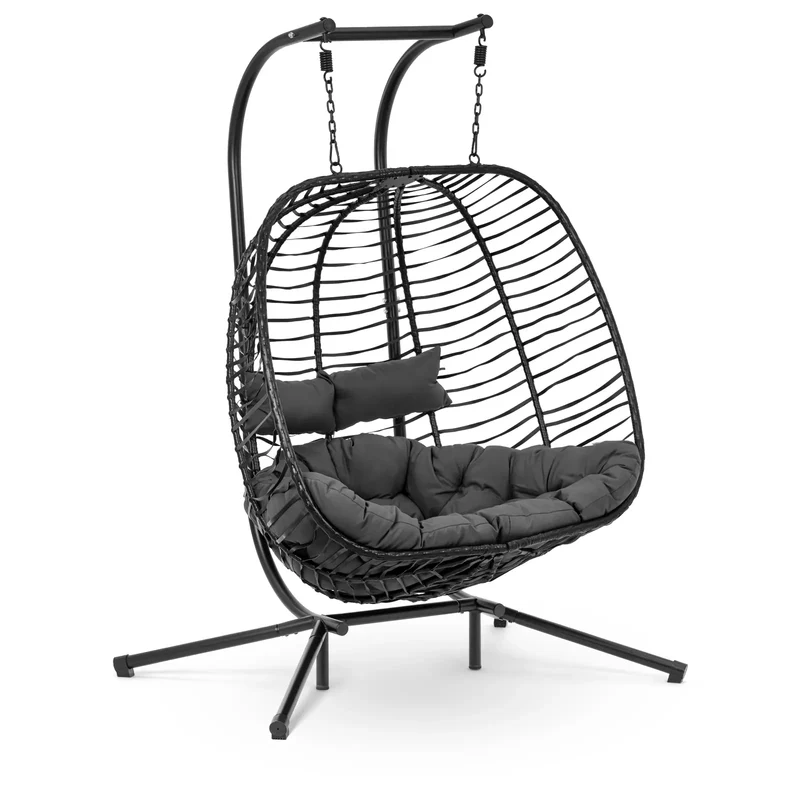 Fauteuil suspendu sur pied pour deux personnes siège pliable polyester fer peint par poudrage tissu rotin en polyester noir gris foncé 14_0009025