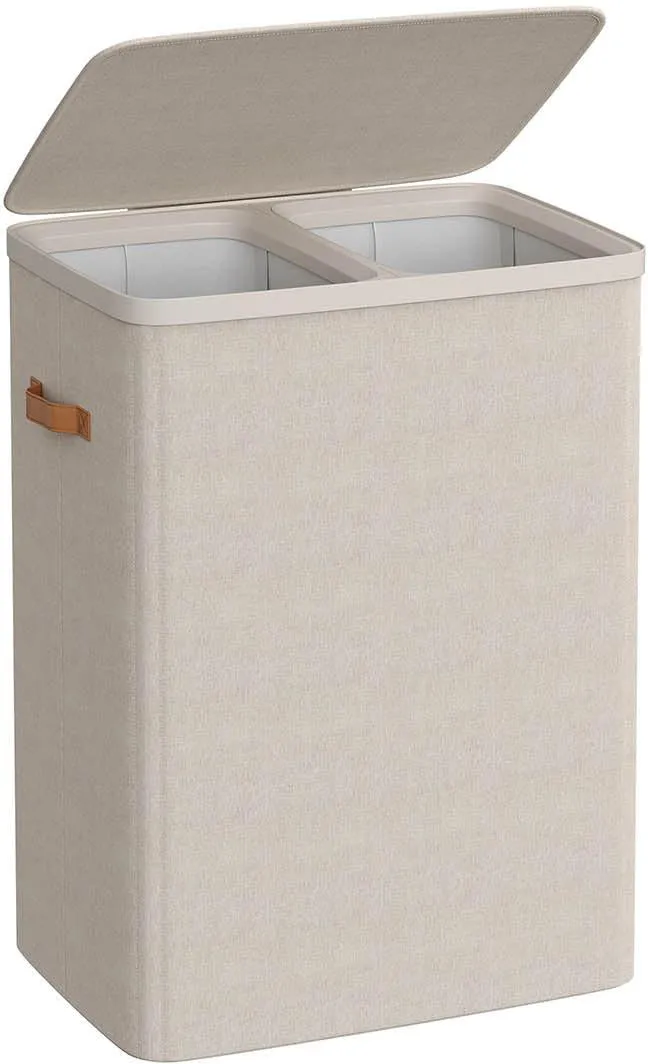 Panier à linge corbeille de rangement 56 x 40 x 75 cm avec 2 compartiments pratique finition moderne en tissu beige cappuccino 12_0012298