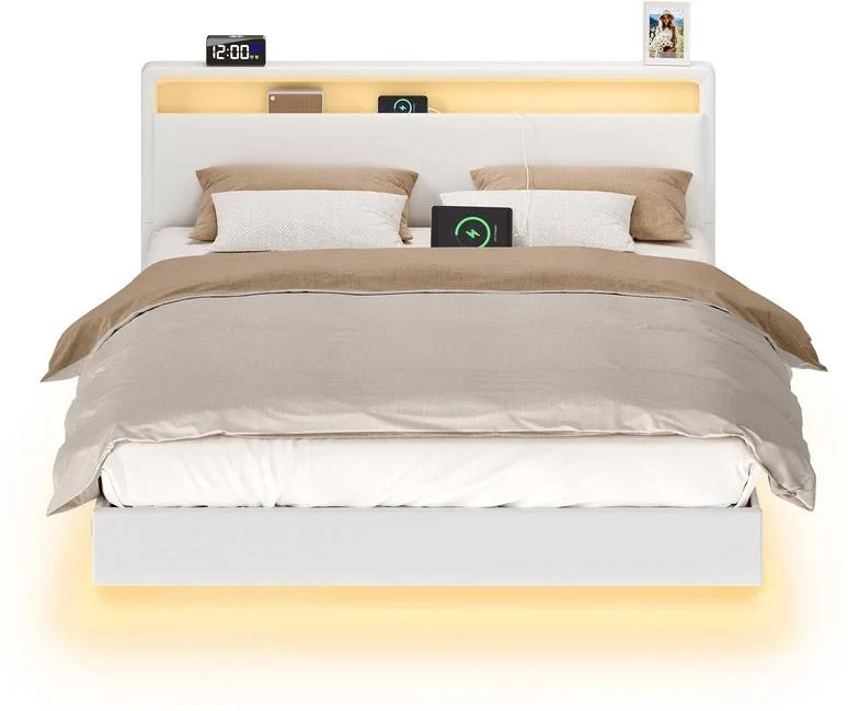 Lit double flottant avec éclairage LED 160 x 200 cm style moderne tête de lit haute en acier blanc 12_0012251