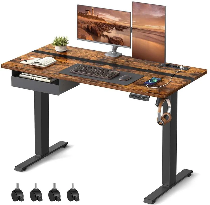 Bureau assis-debout réglable en hauteur 60 x 120 cm fonction mémoire ergonomique style rustique en aggloméré marron 12_0010944