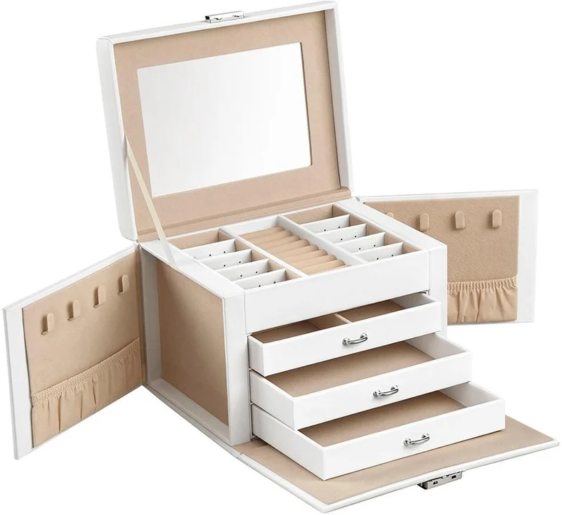 Boîte à bijoux portable avec miroir 17,5 x 13,5 x 12 cm finition élégante pour voyage en simili cuir noir 12_0009536