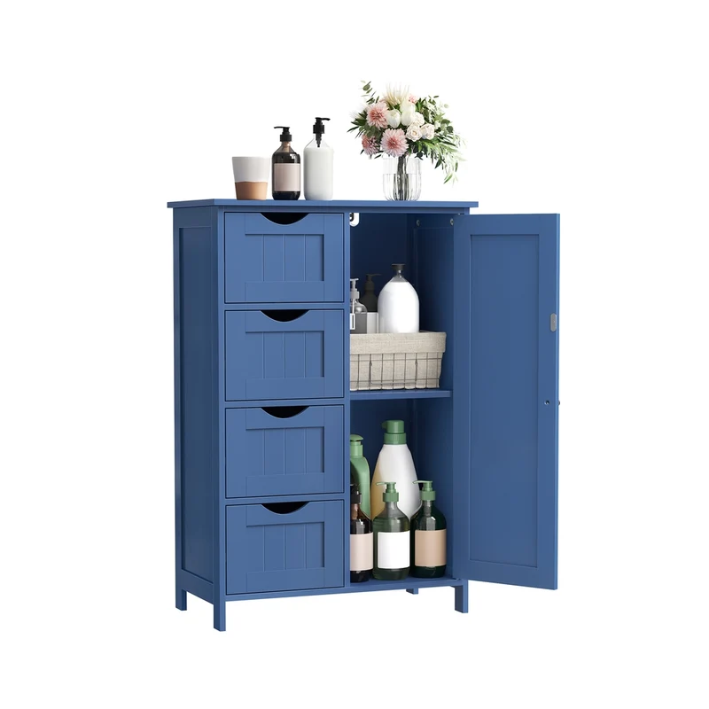 Meuble de salle de bain sur pied avec 4 tiroirs et étagère réglable 30 x 55 x 82 cm style moderne en MDF bleu baie