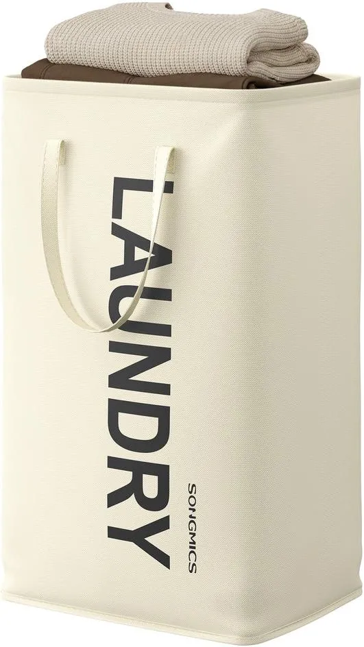 Panier à linge pliable 40 x 30 x 68 cm avec poignées design moderne utilisation buanderie en tissu oxford blanc crème 12_0013058
