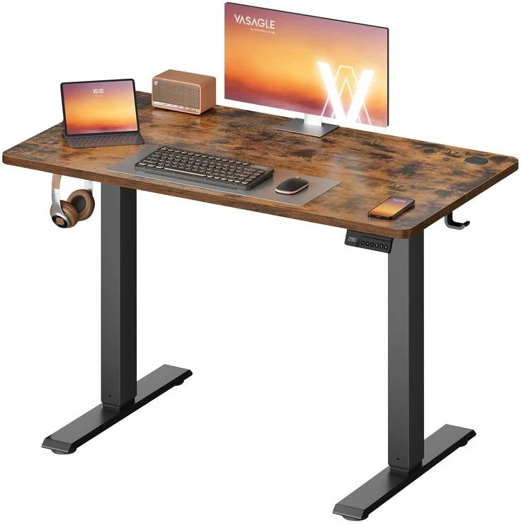 Bureau assis-debout réglable en hauteur 100 x 60 cm fonction mémoire 4 hauteurs télétravail style contemporain en aggloméré marron 12_0013018