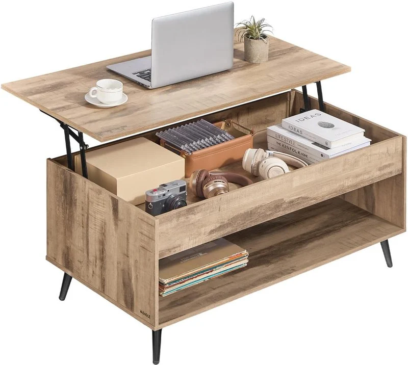 Table basse relevable avec compartiment de rangement 50 x 100 x 45/58,5 cm style rustique pour salon en aggloméré marron camel 12_0012859