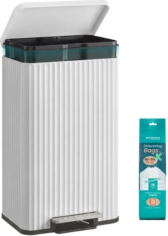 Poubelle de cuisine 50 L avec pédale et seau intérieur amovible 40,3 x 33,6 x 62,5 cm en acier blanc 12_0012834