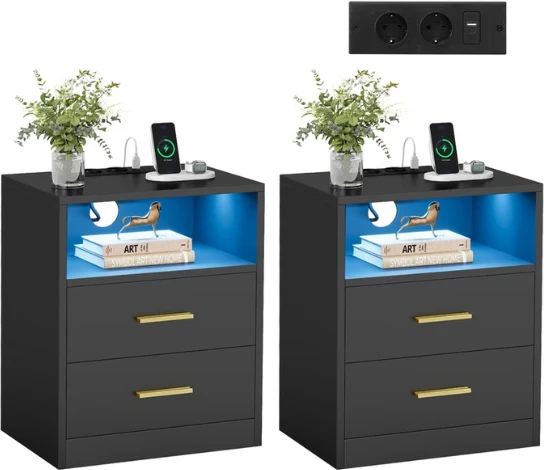Lot de 2 tables de chevet contemporaines avec tiroirs et compartiment ouvert 30 x 40,1 x 50,2 cm en MDF noir 12_0012617