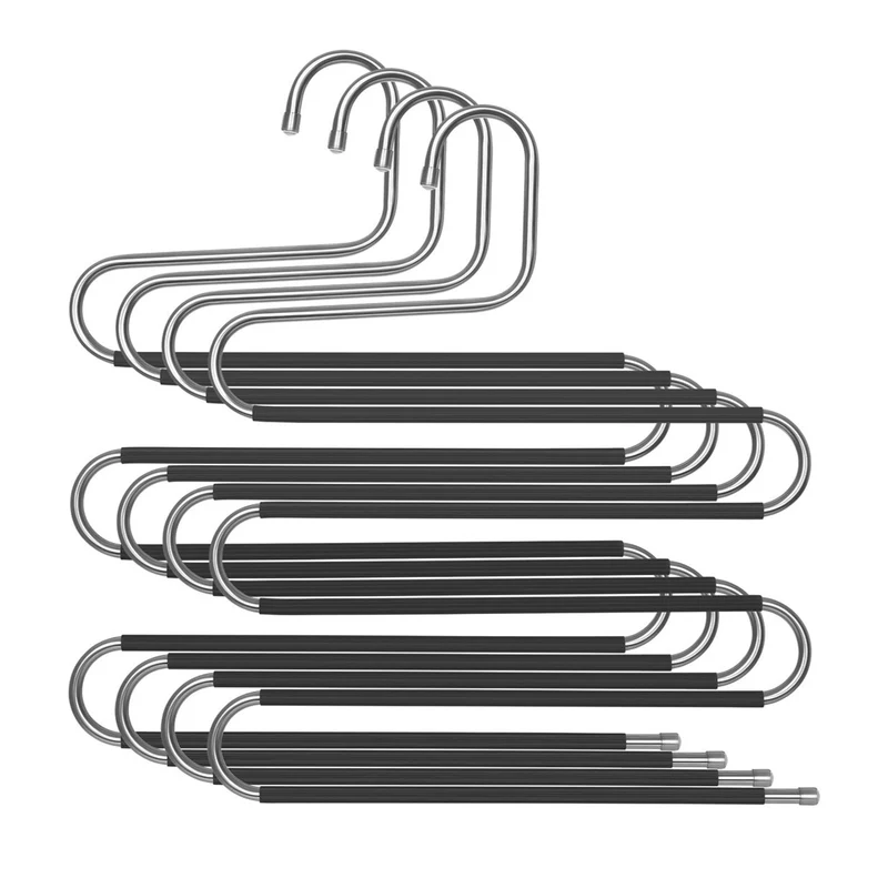Lot de 4 cintres magiques cintre multiples porte-pantalons cintres en inox à 5 niveaux organisateur gain de place pour jeans pantalon serviettes cravates argent et noir 12_0003412