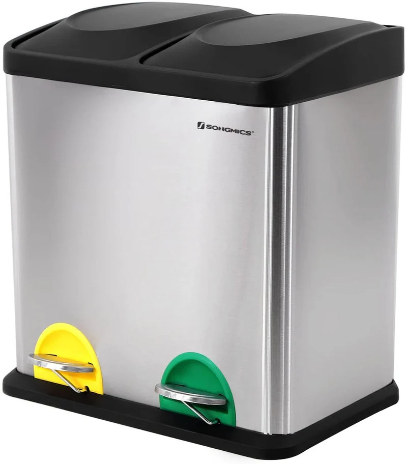 Poubelle de cuisine 30 litres résistante avec pédales et 2 compartiments tri sélectif de recyclage en inox 12_0000925