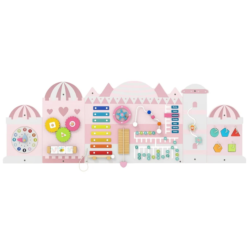 Lot de 5 panneaux muraux d'activités en 136 x 45 x 1,2 cm pour éducation joyeuse moderne en MDF rose 20_0018991