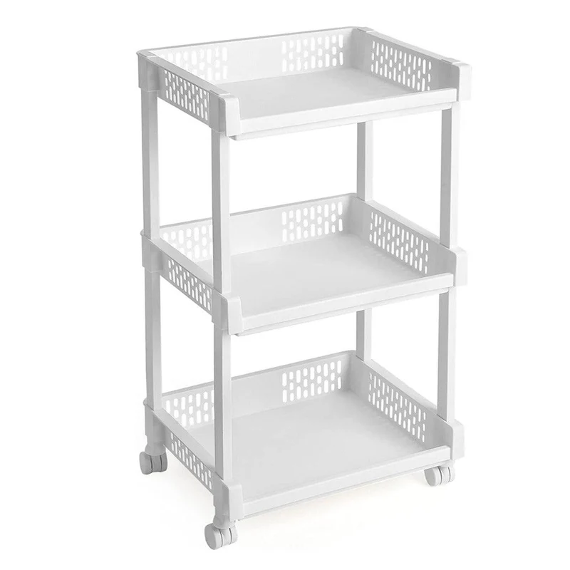 Chariot étagère sur roulettes 3 niveaux meuble de rangement commode pour cuisine salle de bains hauteur 61 cm blanc 12_0003502