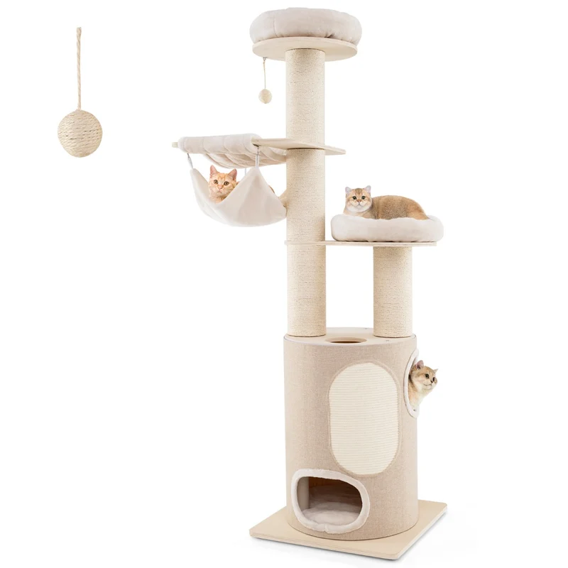 Arbre à chat en bois avec condo à 2 étages 58 x 58 x 187 cm confortable et robuste style scandinave en contreplaqué naturel 20_0018501