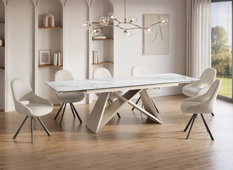 Table à manger extensible en céramique blanche effet marbre 12 personnes 180-260 cm GABRIEL