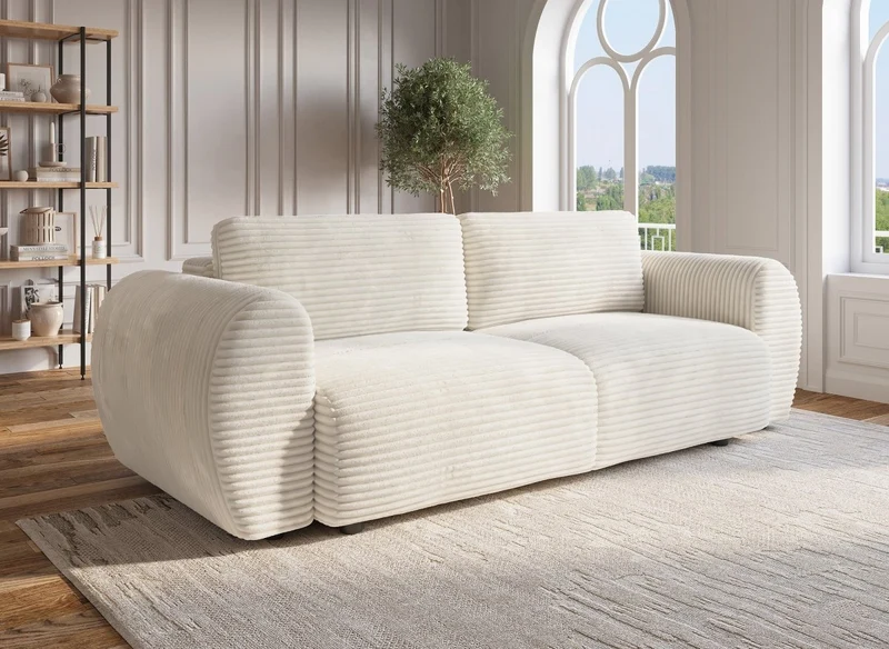 Canapé convertible 3 places avec coffre en gros côtelé doux beige TILDA