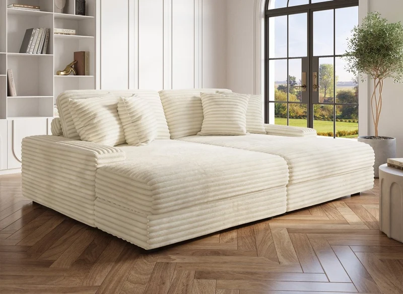 Canapé droit méridienne 2 places en gros côtelé doux beige DAHO