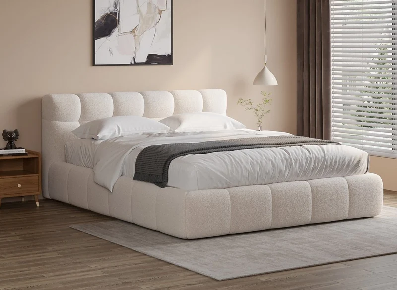 Lit double en tissu bouclette écru 180x200 cm GEORGINA