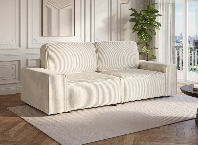 Canapé convertible 3 places avec coffre en velours côtelé épais beige DONA