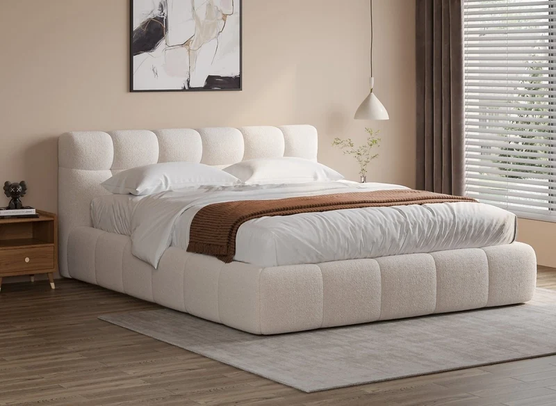 Lit coffre en tissu bouclette écru 140x190 cm GEORGINA
