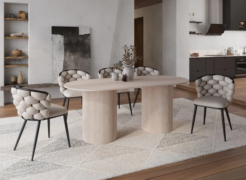 Table à manger ovale en marbre composite beige 8 personnes 200cm DHARA