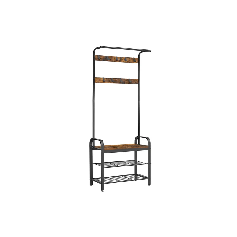 Porte-manteau vintage avec banc et étagère à chaussures 72 x 33,7 x 183 cm style industriel en fer noir 12_0008079