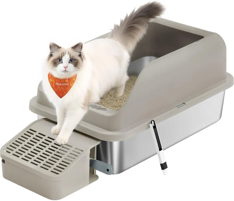 Bac à litière pour chat ouvert design pratique 61 x 41 x 30,2 cm capacité 28 L en acier inoxydable marron café 12_0012936