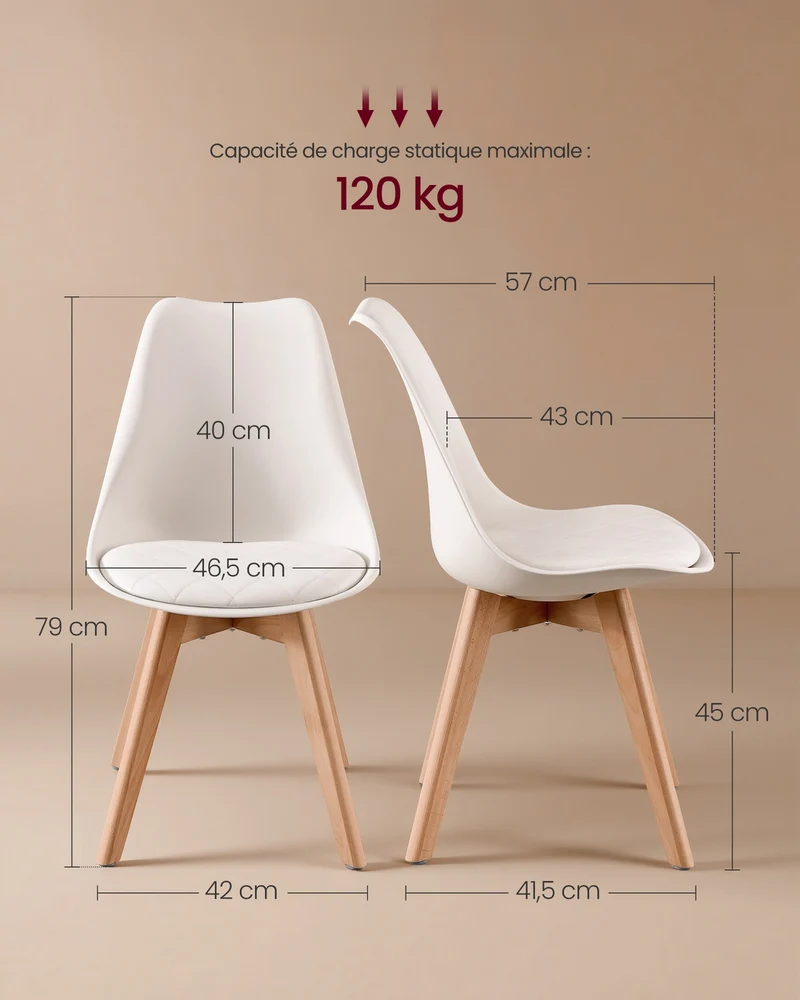 Lot de 4 chaises de salle à manger ergonomiques avec coussin 46,5 x 57 x 79 cm style moderne en cuir pu blanc 12_0013097