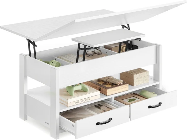 Table basse relevable avec 2 tiroirs et 3 compartiments pour salon bureau 50 x 100 x 49,1/64,1 cm en aggloméré blanc neige 12_0012396