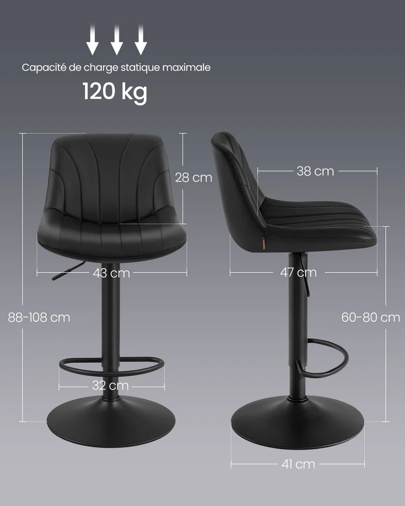 Lot de 2 tabourets de bar hauteur réglable 46,5 x 43 x 88-108 cm avec repose-pieds style moderne en PU noir 12_0012535