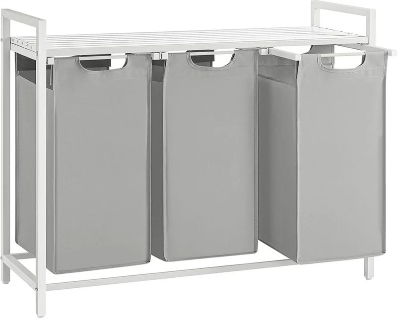 Panier à linge sale avec 3 compartiments et étagère de rangement 92,5 x 33 x 72 cm en MDF gris tourterelle 12_0010702