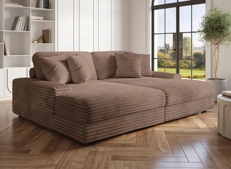 Canapé droit méridienne 2 places en gros côtelé doux taupe DAHO