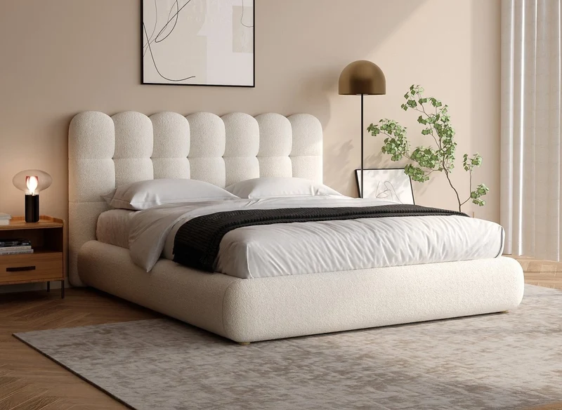 Lit double en tissu bouclette beige 140x190cm BISCUIT