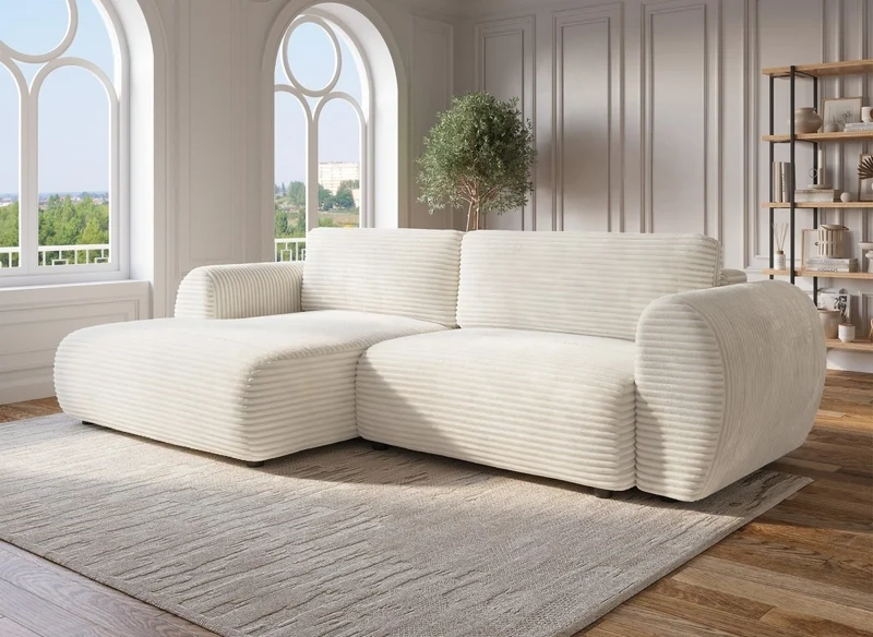 Canapé d'angle convertible avec coffre en velours gros côtelé doux beige TILDA - Angle gauche
