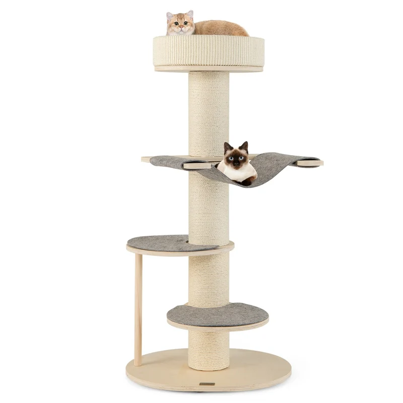 Arbre à chat moderne 57 x 48 x 120 cm avec hamac et griffoirs en sisal robuste, ambiance cosy en bois gris 20_0010144