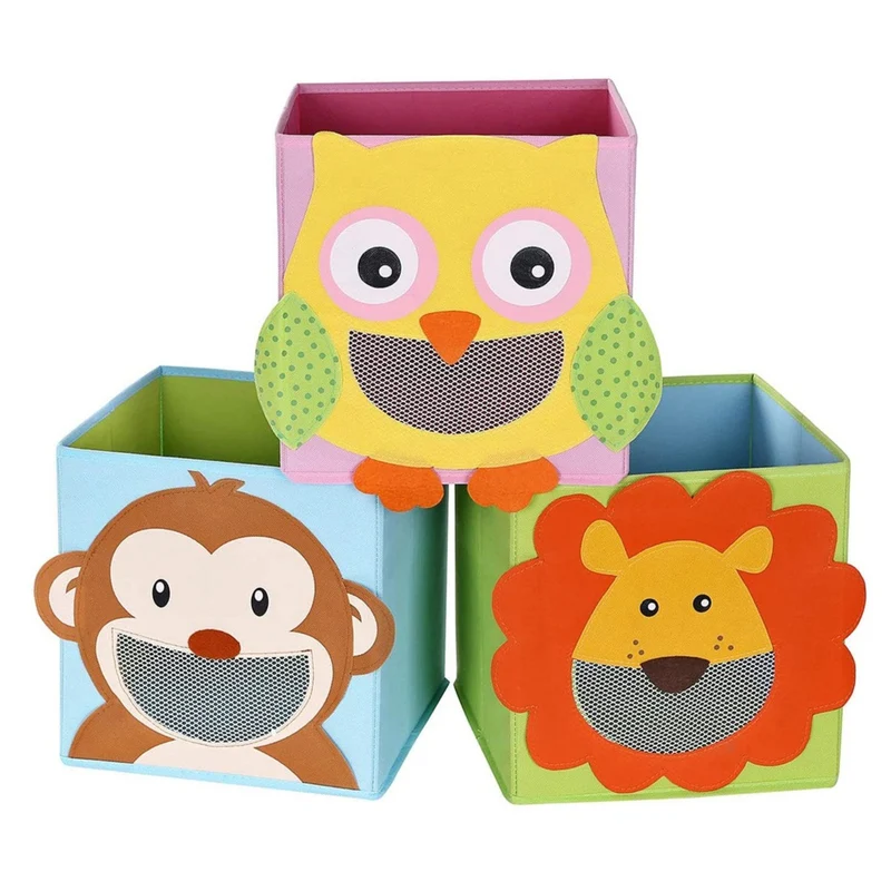 Lot de 3 boîtes de rangement organisateurs jouets cubes pliables pour salon chambre enfant salle de jeux 27 x 27 x 27 cm motifs animaux multicolore 12_0003375