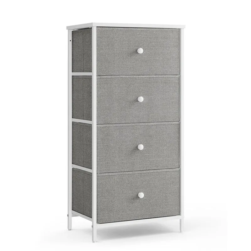 Commode meuble de rangement pour chambre colonne de rangement en tissu avec 4 tiroirs cadre en métal gris clair et blanc 12_0005216