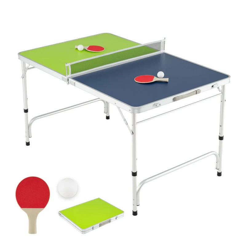 Table de ping-pong portable réglable 120 x 76 cm pliable avec 2 raquettes et filet design moderne en aluminium vert 20_0019036