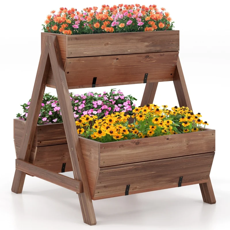 Jardinière surélevée 66 x 73 x 73 cm 3 bacs avec drainage design moderne en bois de sapin marron 20_0020146