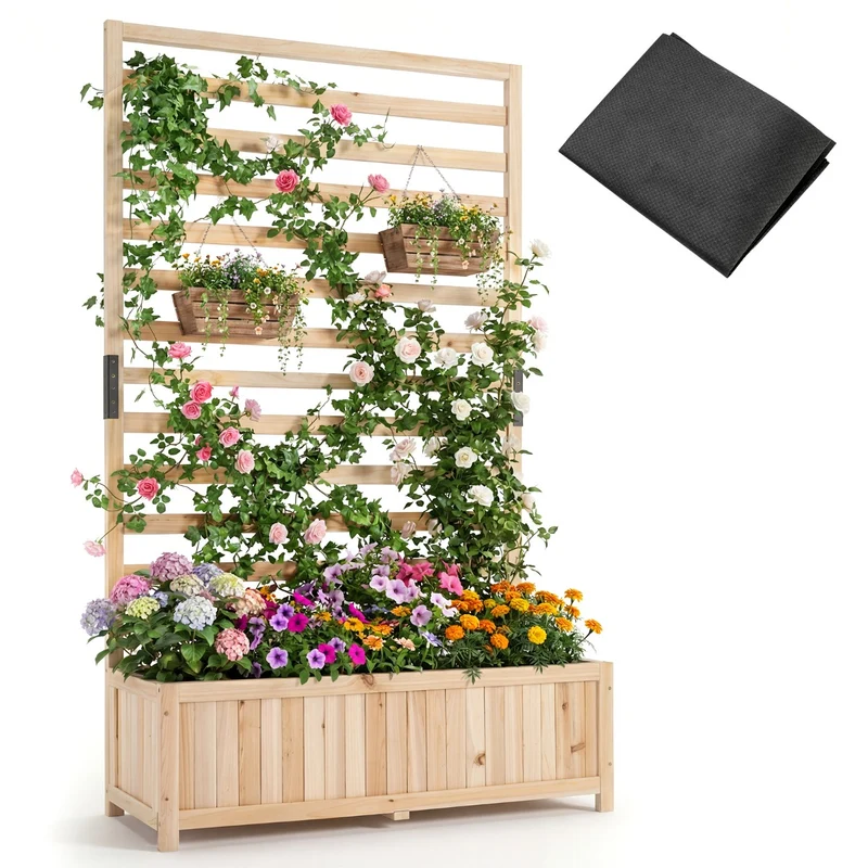 Jardinière surélevée en bois pour plantes grimpantes 90 x 34 x 150 cm avec treillis décoratif et doublure en naturel 20_0018732