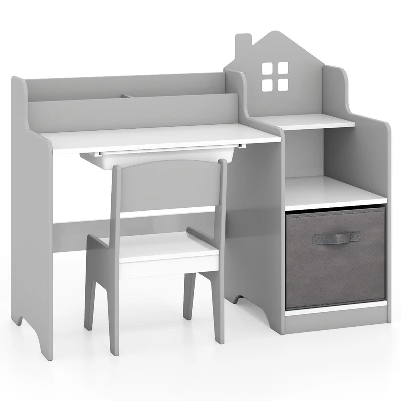 Ensemble de meubles polyvalents pour enfants bureau 94 x 40 x 76,5 cm chaise ergonomique ambiance cosy en MDF gris 20_0018670