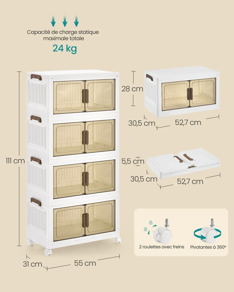 Boîte de rangement empilable sur roulettes 26 x 45 x 91 cm 100 L capacité avec couvercle pratique en plastique blanc 12_0012779