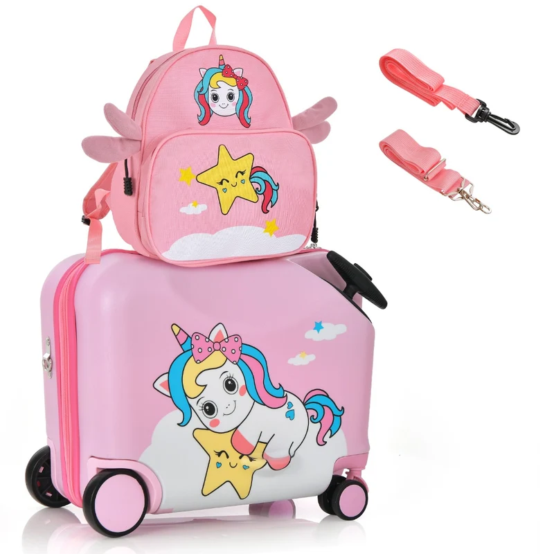 Lot de 2 bagages enfants valise 47 x 26,5 x 36,5 cm et sac à dos 26 x 30 cm avec assise ergonomique moderne en ABS rose 20_0009826