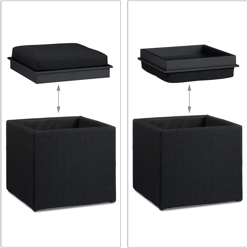 Tabouret coffre de rangement plateau lin noir 13_0002775