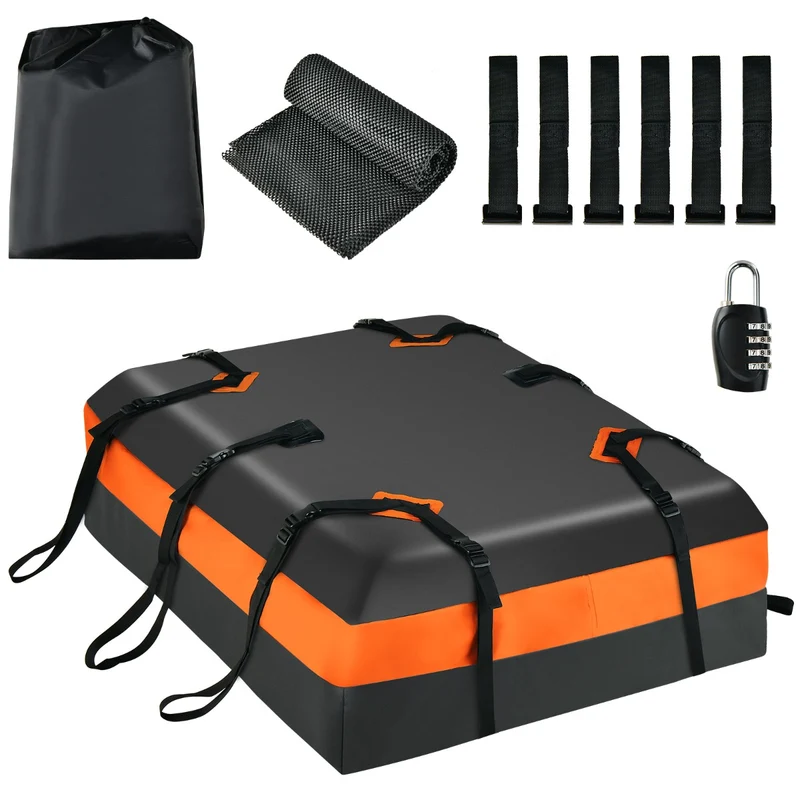 Sac de toit voiture pour transport 112 x 86 x 43 cm imperméable avec tapis antidérapant et sécurité renforcée en pvc orange noir 20_0009950